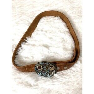 Genuine Leather Belt Women Size 38 Rhinestone Oval Buckle Brown Western